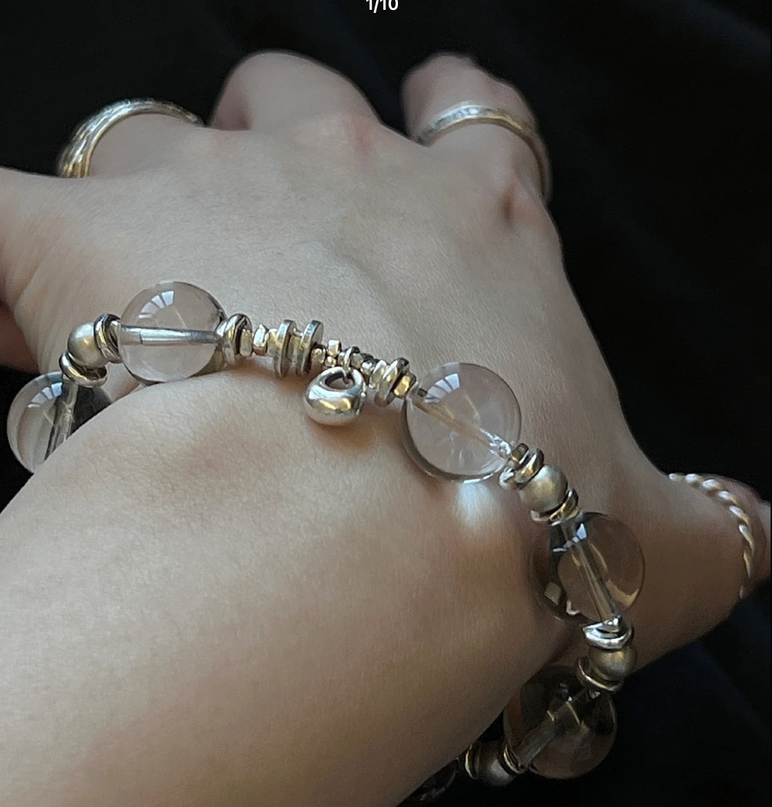 Natural Brazilian Old Mine White Crystal · 925 Sterling Silver Handmade Antique Bead Bracelet